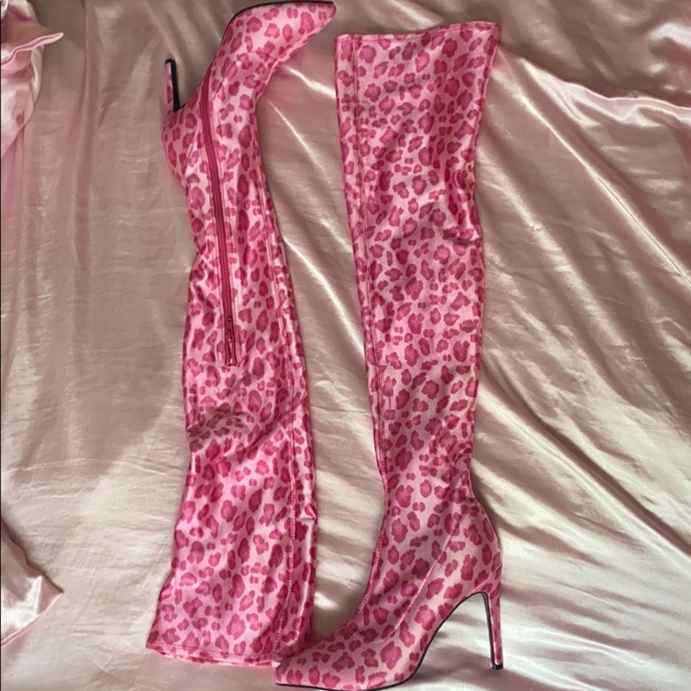 Pink cheetah thigh high boots (Sugar Thrillz)